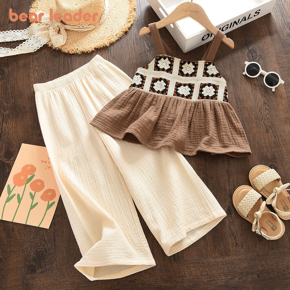 Bear Leader Retro Girls Suit New Summer Flower Knitted Sleeveless Tops and Pants 2 Pieces Set Kids Fashion Clothes 3 To 7 Years