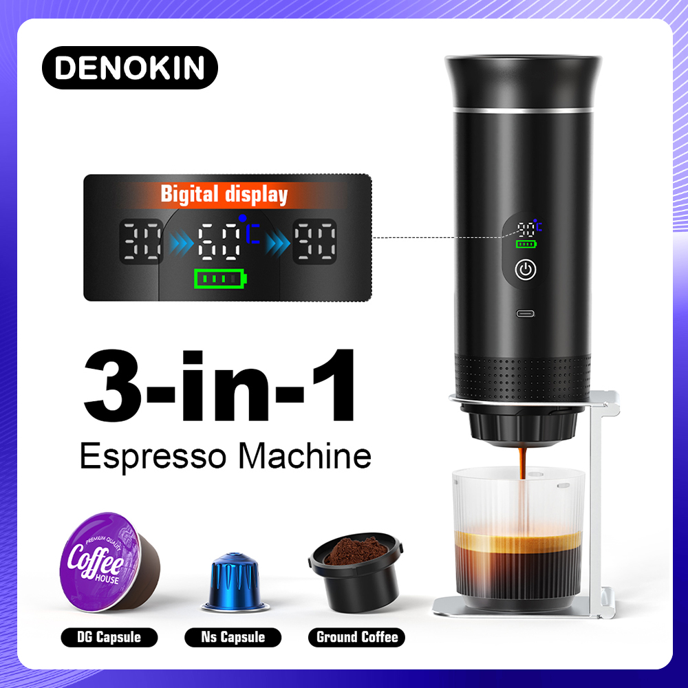 Cafetera eléctrica portátil inalámbrica DENOKIN para coche y camping, con depósito de agua de 80 ml, pantalla digital, 3 en 1, para cápsulas de café en polvo y viajes.