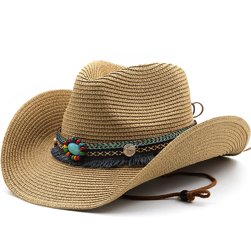 Sombrero de paja de vaquero occidental para hombres y mujeres, sombreros de sol de ala ancha bohemios de verano para exteriores, gorra de Jazz transpirable para vacaciones y playa