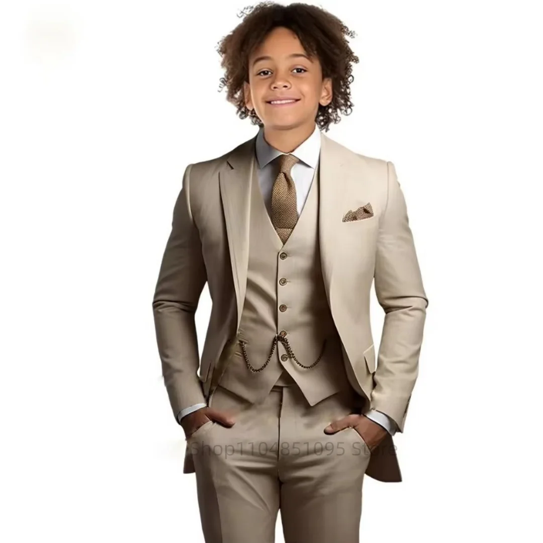 Traje caqui para niños, esmoquin de 3 piezas para novio, chaqueta con solapa de muesca, pantalones, chaleco, fiesta de boda, regalo de cumpleaños, chaqueta ajustada para niños, trajes para niños
