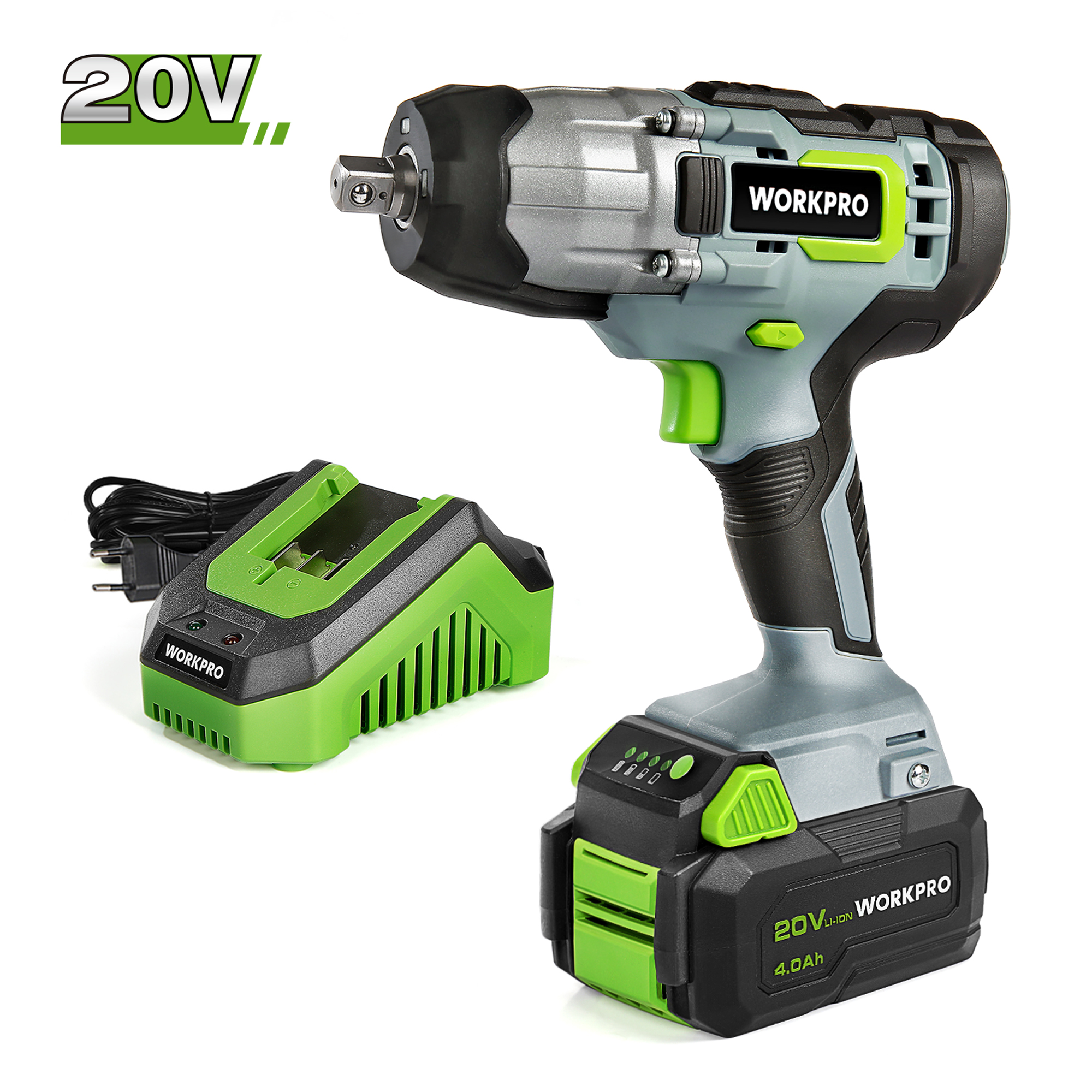 WORKPRO Аккумуляторный ударный гайковерт 20 В, 1/2 дюйма, максимальный крутящий момент 300 Нм, 2,0-4,0 Ач, литий-ионный аккумулятор с быстрым зарядным устройством