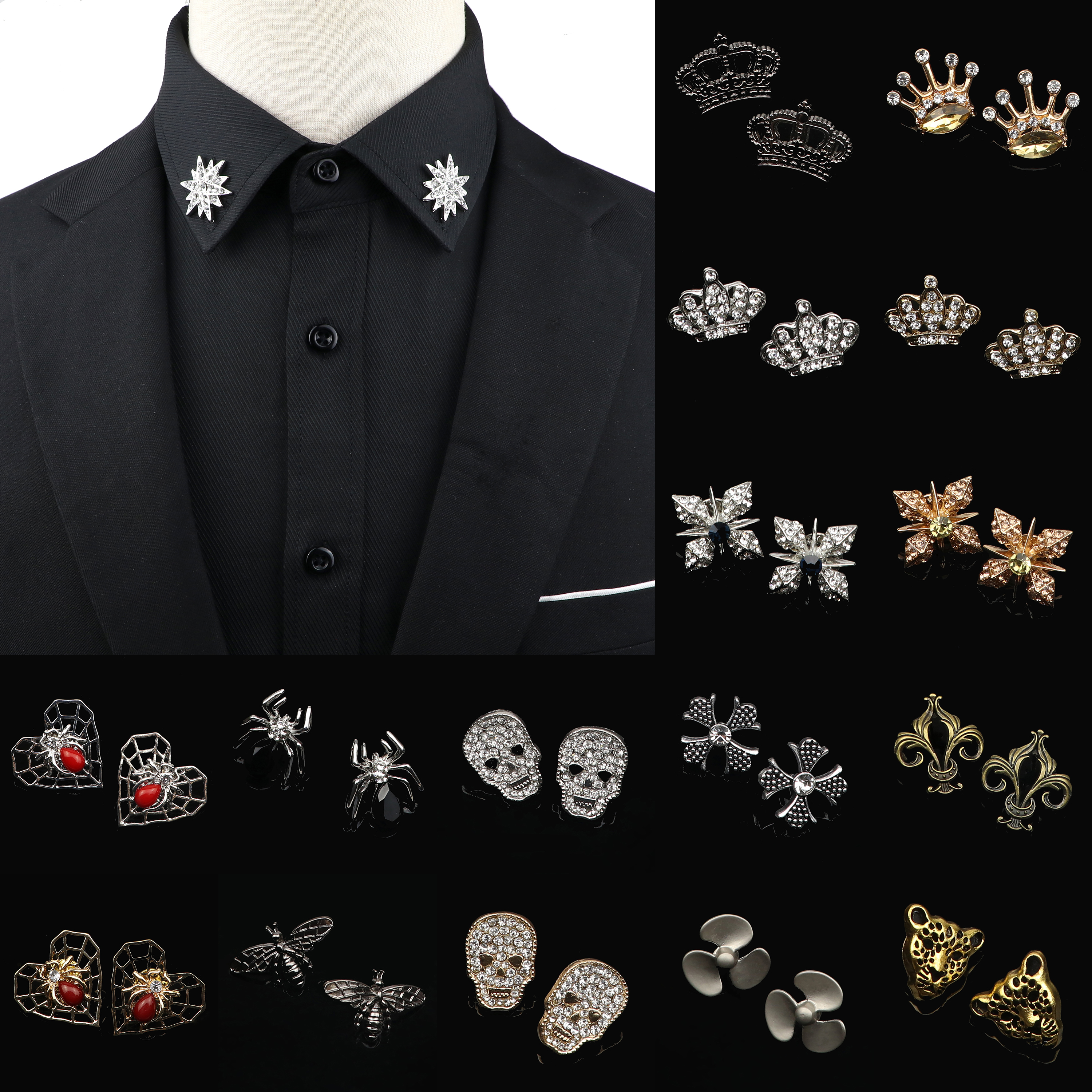 1 par de broches de corona de lujo a la moda Vintage, Pin de Collar de camisa de araña y estrella de calavera para hombres y mujeres, accesorio de joyería con emblema de esquina elegante