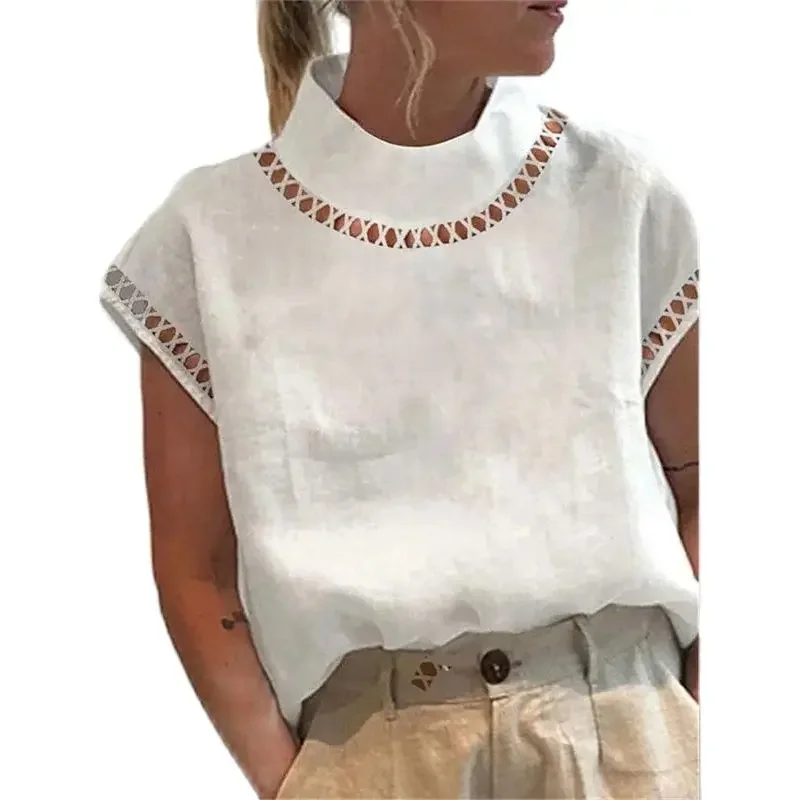 Donna dolcevita scava fuori giuntura Pullover camicia estate tinta unita manica corta camicetta confortevole femminile Casual pendolare top