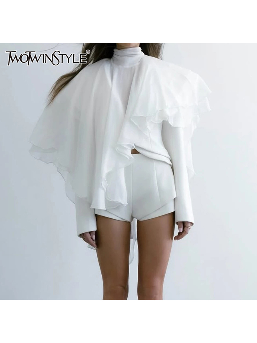 TWOTWINSTYLE solidne łączone falbany luźne bluzki dla kobiet I Neck długie bez rękawów Temperament Minimalsit koszule moda damska