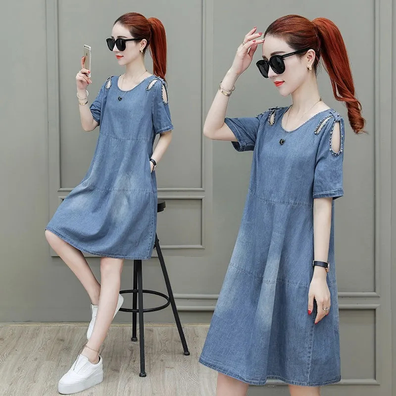 Vestido vaquero de manga corta para mujer, ropa informal holgada con bolsillos, estilo universitario, moda para estudiantes, verano, 2024