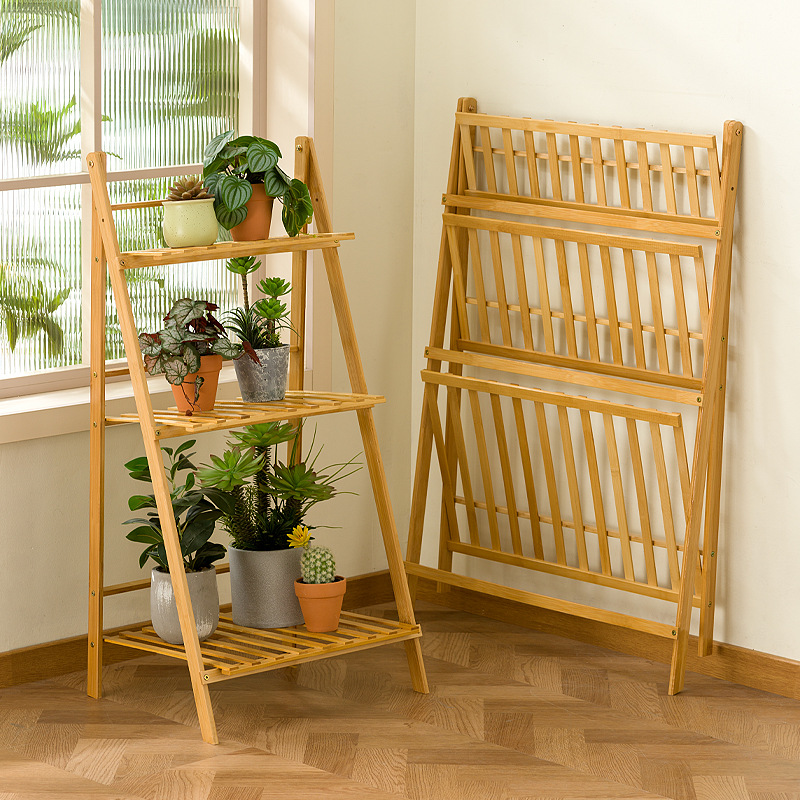 Estante para flores de bambú plegable de varias capas, estante para plantas de exterior, estante para macetas, estante de almacenamiento trapezoidal, estante decorativo para flores