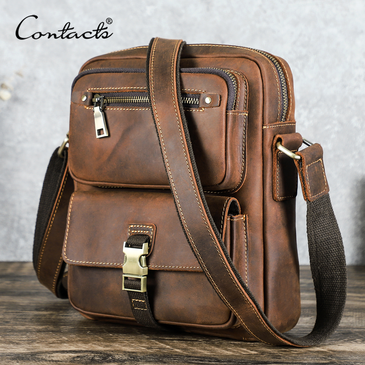 Bolsas de Ombro em Couro Genuíno CONTACT'S para Homens, Bolsas Transversais de Alta Qualidade, Bolsas Diárias Masculinas para iPad Pro de 11 polegadas