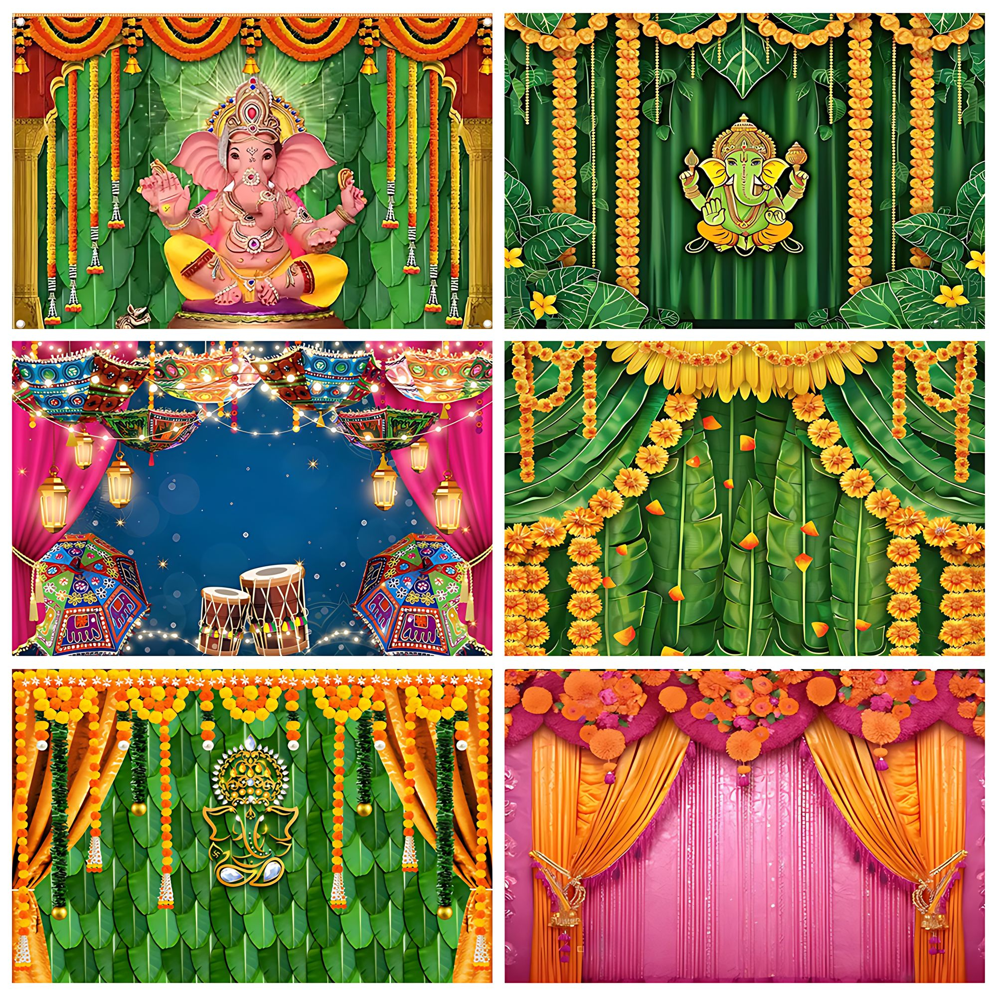 Tradycyjne indyjskie tło fotograficzne Marigold Green Leaf Hindu Indian Wedding Holi Flowers Garland Anniversary Backdrops