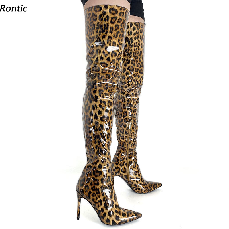 Rontic New Handmade Women Winter Thigh Boots Patent Zipper Stiletto Heels Pointed Toe Fabulous Leopard Party Shoes US Size 5-15