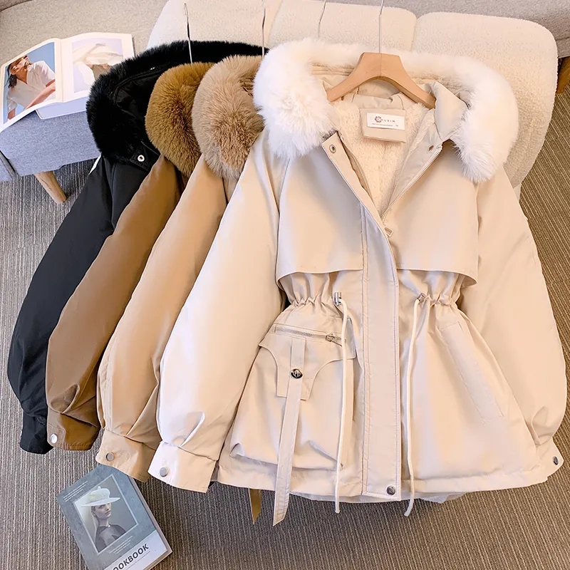 Pai desmontable supera el invierno de las mujeres 2025 nuevo abrigo Casual de algodón grueso con capucha abrigo de lana cálido suelto para mujer
