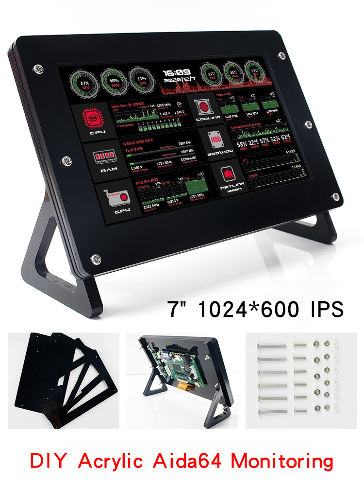 Écran LCD IPS de 7 pouces, 1024x600, avec lumière respiratoire RGB, AIDA64, écran LCD USB, sous-écran, Support Raspberry Pi