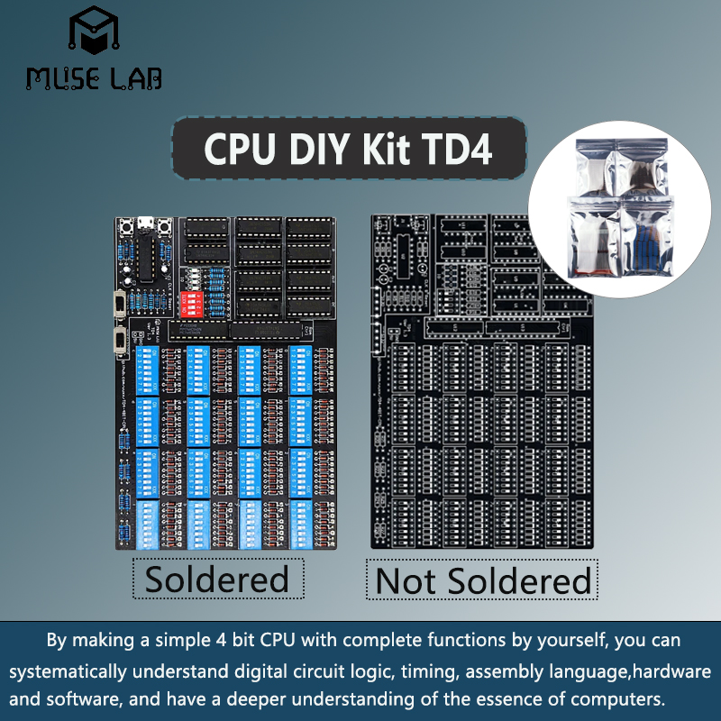 CPU DIY Kit TD4: Maak een eenvoudige 4-bit CPU zelf. Open source software en hardware, PCB en alle componenten optioneel.