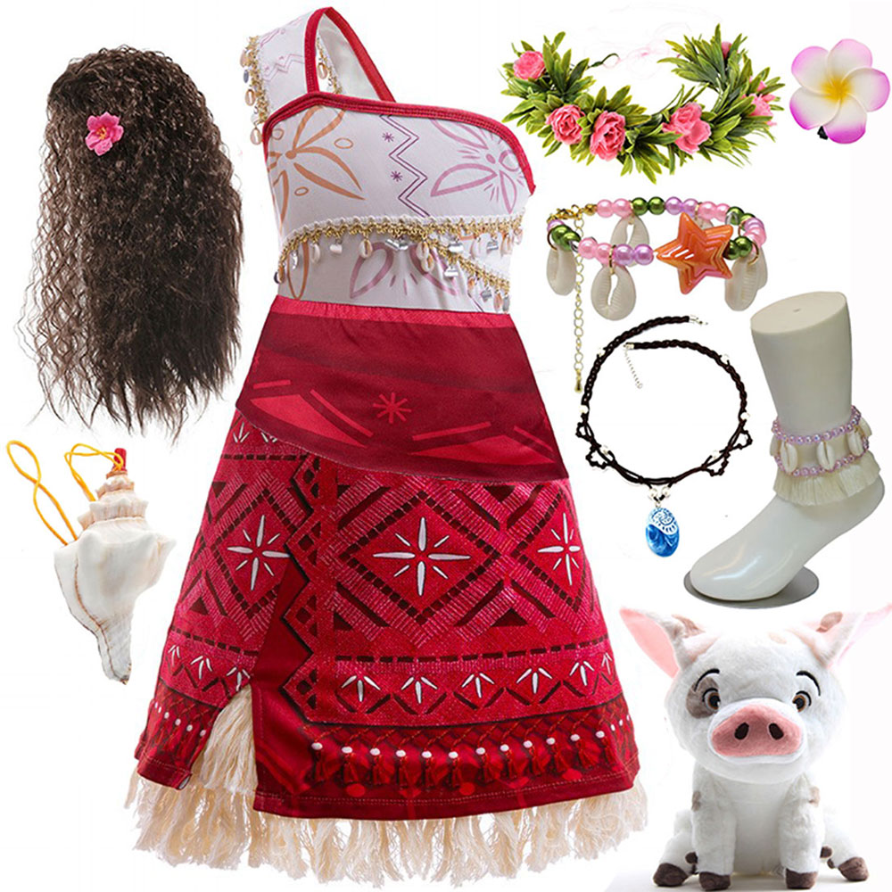 Disney ฤดูร้อนใหม่ภาพยนตร์ Hot Moana 2 เสื้อผ้าแขนสั้นสาวคอสเพลย์ Moana Princess One-Shoulder Suspender ชุด + ชุดวิกผม