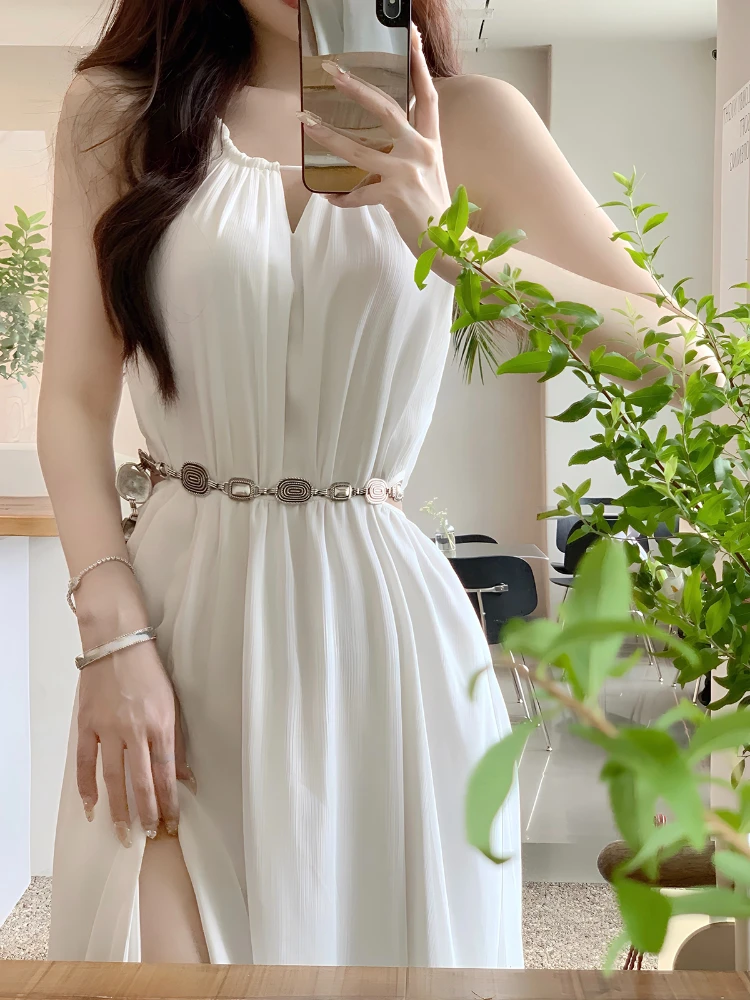 Jielur elegante coreano Chic bianco senza maniche Slim Midi Dress donna Beach Office Lady abiti Casual anche Party Summer Split Dress