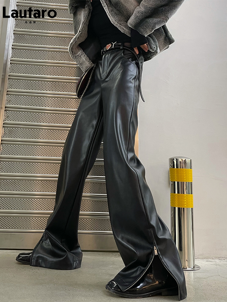Lautaro-Calças femininas de couro sintético elástico, cintura alta, macia, preta, legal, punk, streetwear, moda, primavera, outono, 2022