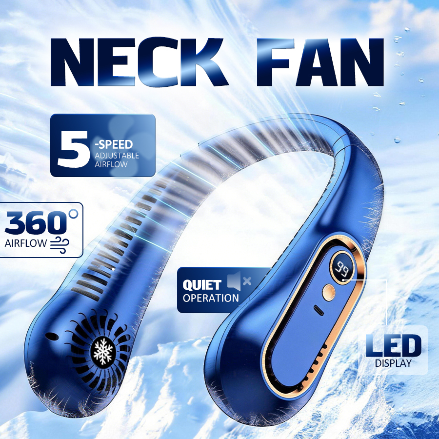 Ventilador de cuello de 5 velocidades, pantalla LED, 360 °   Ventilador USB Portátil Silencioso con Flujo de Aire para Viajes, Oficina y Hogar