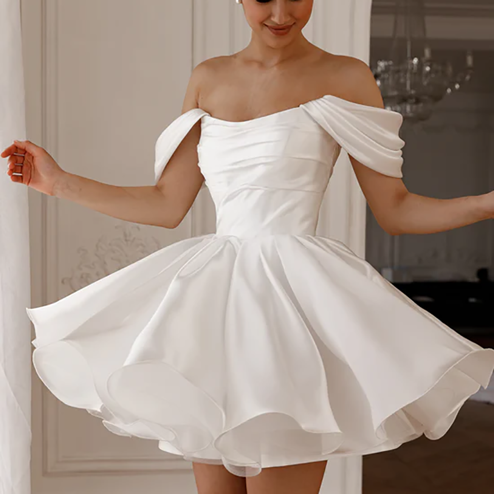 Schulterfreies, kurzes Brautkleid aus Satin mit Schnürung am Rücken, Mini-Brautkleid, elegantes Verlobungs- und Elopement-Partykleid, Mini-Vestido de Novia