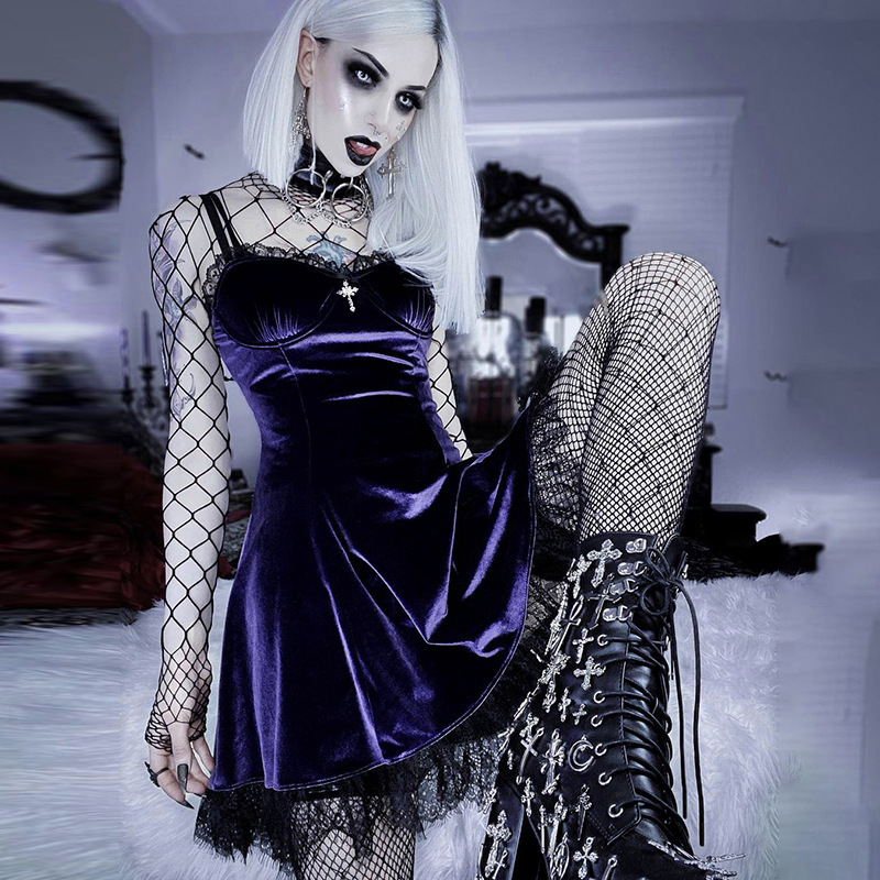 Goth Cross Sexy Purple Dress Vintage Velvet A Line Lolita Dress Aesthetic Gothic High Waist Ladies Club Party Dresses
