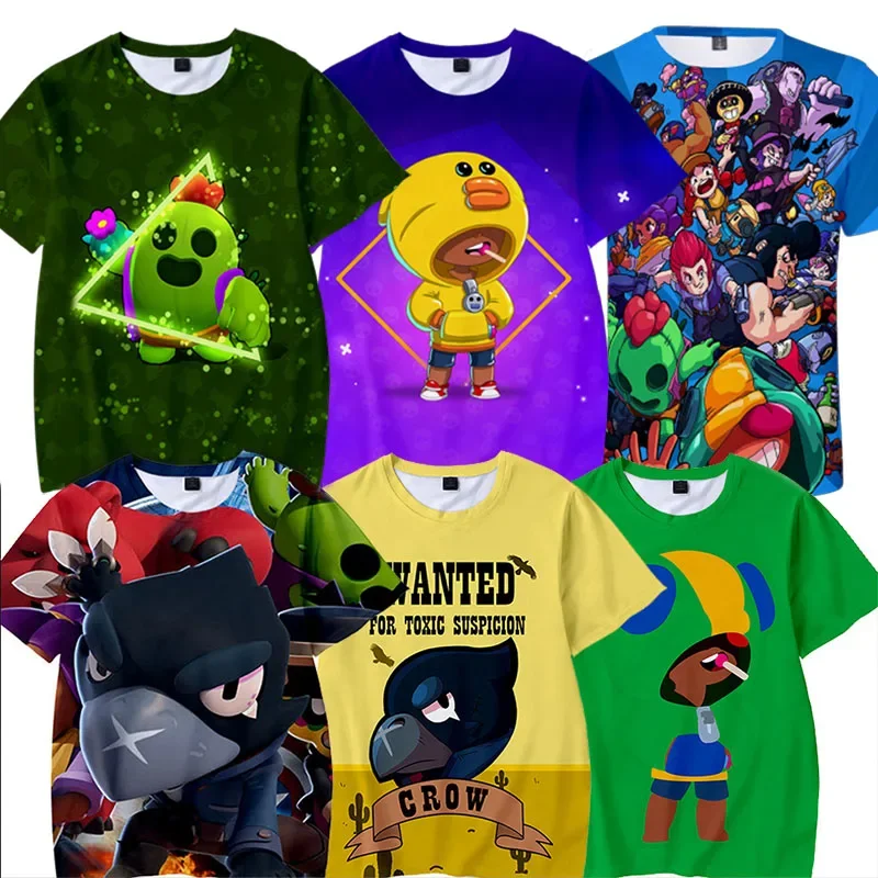 Letnia koszulka Brawl Stars z krótkim rękawem dla dzieci, Leon Crow, koszulki 3D, t-shirty, ubrania dla dziewcząt i chłopców w stylu Harajuku.
