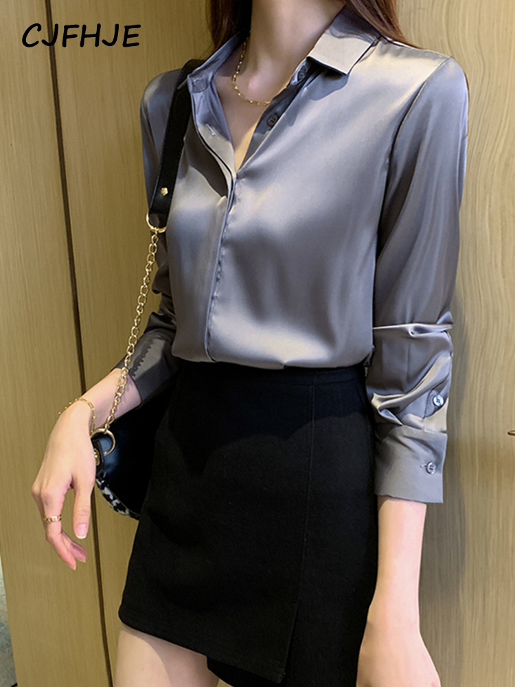 CJFHJE Czerwona jedwabna koszula damska z długim rękawem Satynowe modne fioletowe bluzki damskie w jednolitym kolorze Eleganckie damskie topy Szara odzież OL