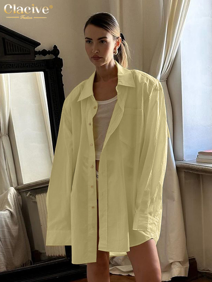 Clacive, blusa holgada de algodón amarillo a la moda para mujer, camisa informal de manga larga con solapa, Top liso Simple elegante, ropa femenina 2025