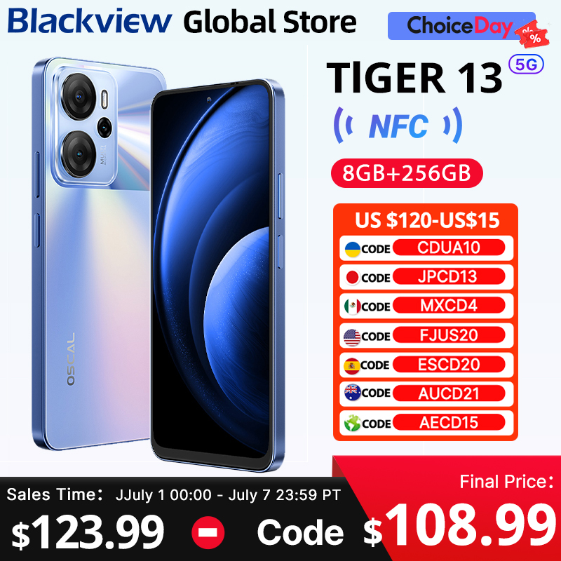 Смартфон Blackview Oscal Tiger 13 5G с 6,67-дюймовым IPS-дисплеем 90 Гц, NFC, аккумулятором 5000 мАч, процессором Unisoc T760, 256 ГБ памяти, 50-мегапиксельной камерой с ИИ.