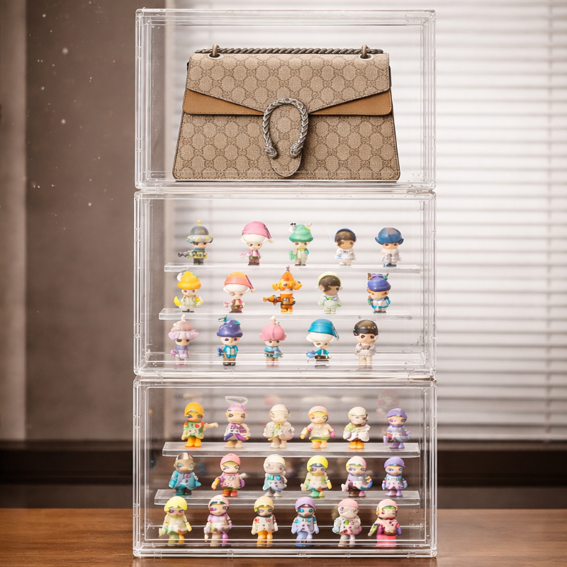Caja de almacenamiento transparente apilable, organizador acrílico a prueba de polvo para bolsos, figuras, juguetes, maquillaje, 1/3 unidades