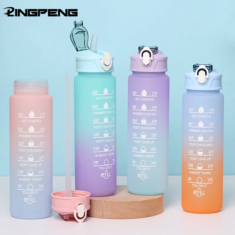Botol Air Olahraga 700Ml Cangkir Jerami Tahan Suhu Tinggi Cangkir Plastik Warna Pelangi Buram Progresif