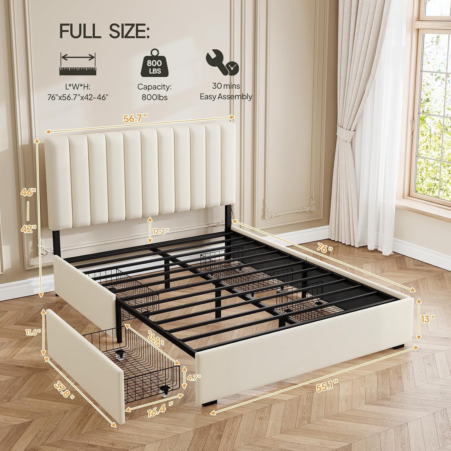 Full Velvet Upholstered Metal Bed, Vertical Channel Tufted Headboard with Storage, Customized