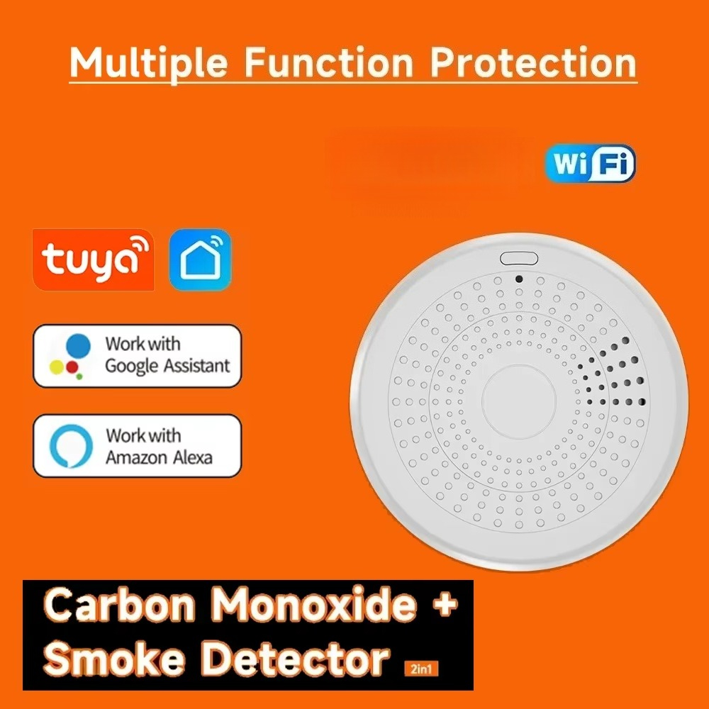 Tuya versión 2 en 1 Sensor de alarma de sonido de humo y fuego con WiFi, Detector inteligente de CO y humo, Detector de Gas de monóxido de carbono para hogar inteligente