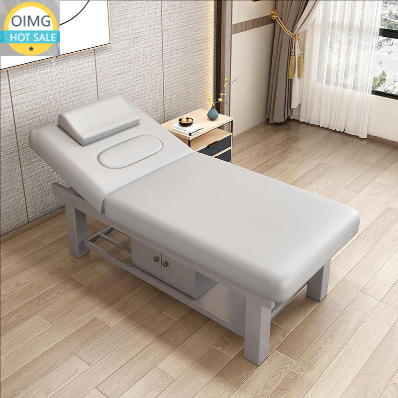 Moderne spa-therapiebed met houten structuur en verstelbaar kussen