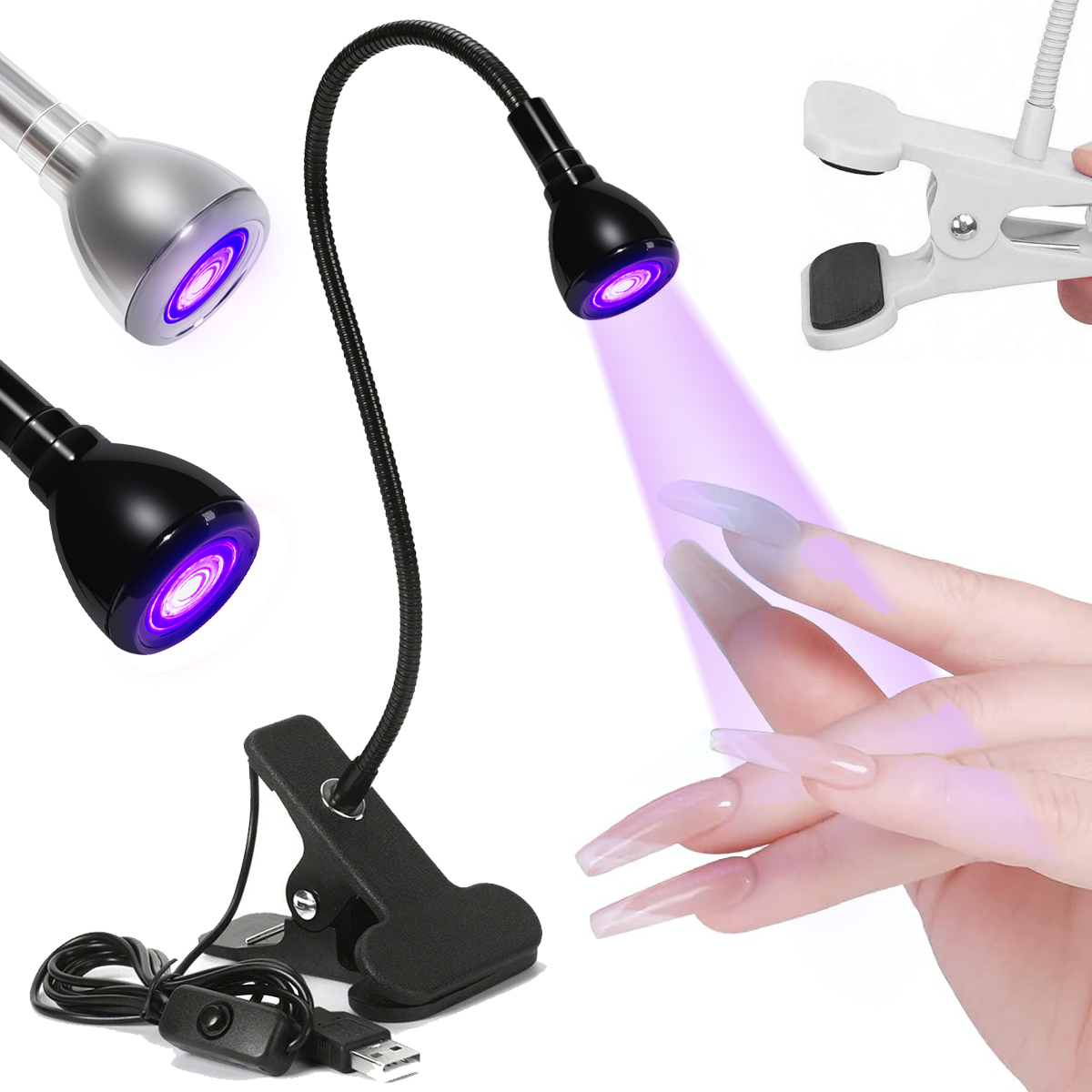 LULAA LED โคมไฟเล็บ 3W เครื่องเป่าเล็บ Gooseneck CLAMP ปรับแบบพกพา UV Light สําหรับเล็บ Curing Light สําหรับ Salon เล็บ DIY