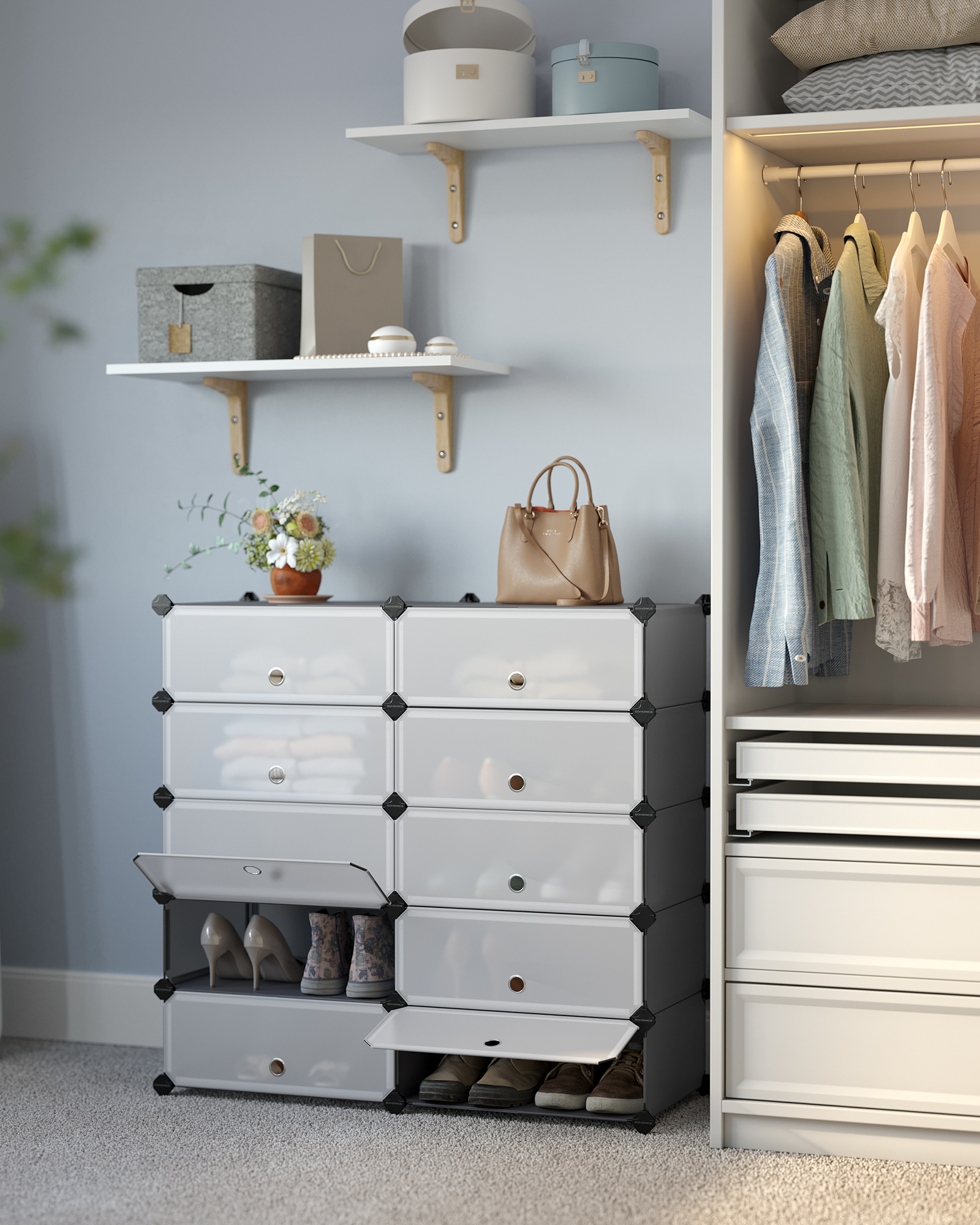 Bly-Meuble à chaussures GMICSShoe avec 10 compartiments, étagère modulaire en plastique, boîte à chaussures avec porte, rangement pour maillet