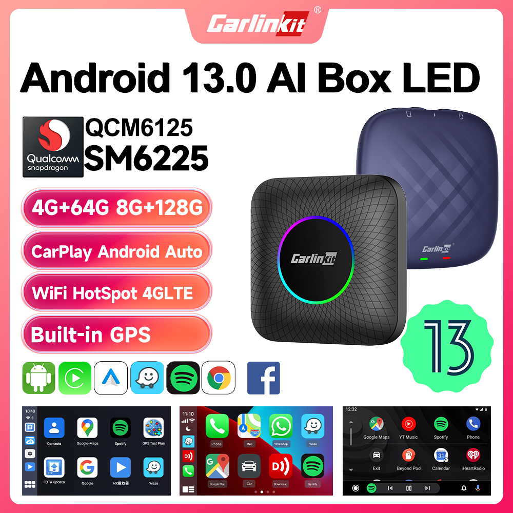 CarlinKit CarPlay AI Box 2026 Android 13 SM6225 6125  8-ядерный Android Auto Беспроводной адаптер CarPlay WiFi 4GLTE Connect GPS 64G 128G Обновление FOTA для проводных автомобилей CarPlay