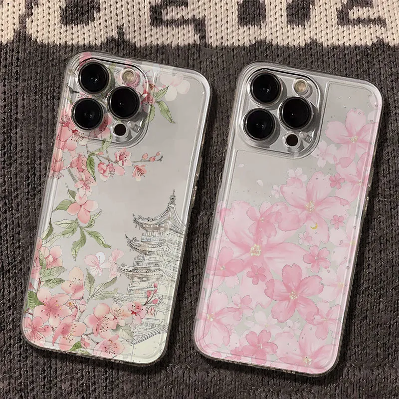 Roze bloempatroon transparant telefoonhoesje voor iPhone 16 Pro 15 14 Plus 11 12 13 14 15 Pro Max schilderachtig schokbestendig telefoonhoesje