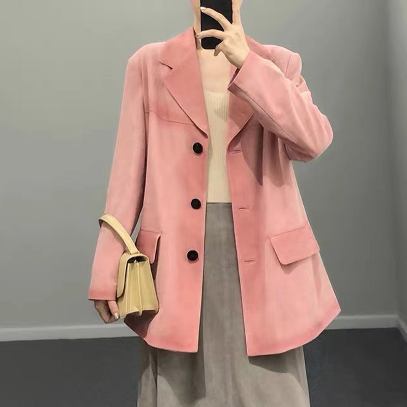 女性のための本革スエードジャケット,茶色のグラデーションコート,ピンクの桜メイラード,ヴィンテージスタイルのスーツ,2024