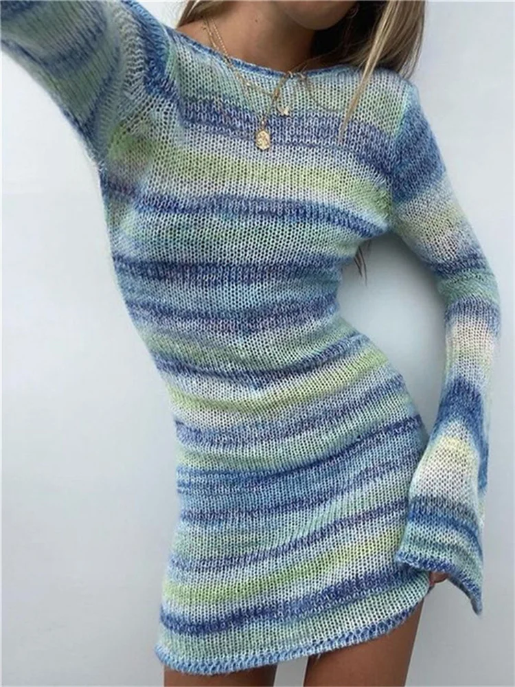 Frauen y2k gestricktes kurzes Kleid bunt gestreiftes figur betontes Mini kleid Slim Fit lange Flare Ärmel Beach wear Vestidos 2022