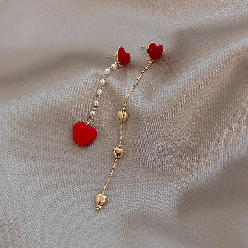 Boucles d'oreilles longues à pampilles de style coréen, rouges, avec un joli cœur, pour femmes, cadeau pour la Saint-Valentin, les fêtes, les anniversaires, le Nouvel An