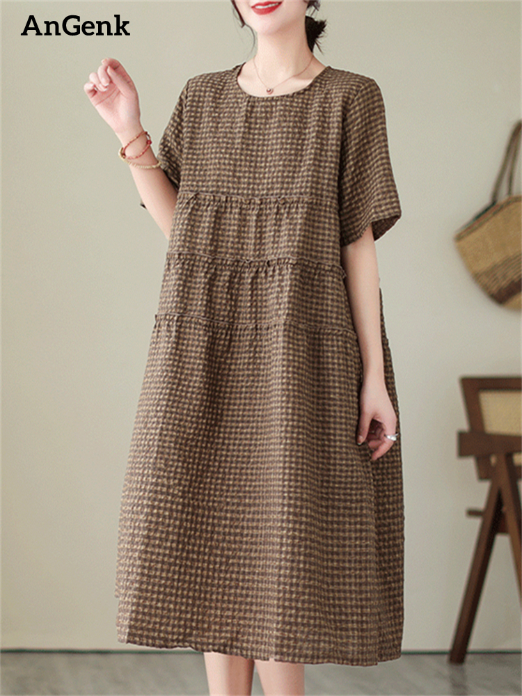 2025 Vestidos a cuadros Vintage de manga corta de verano para mujer nuevo vestido informal por debajo de la rodilla cómodo vestido de mujer Vestidos ropa elegante