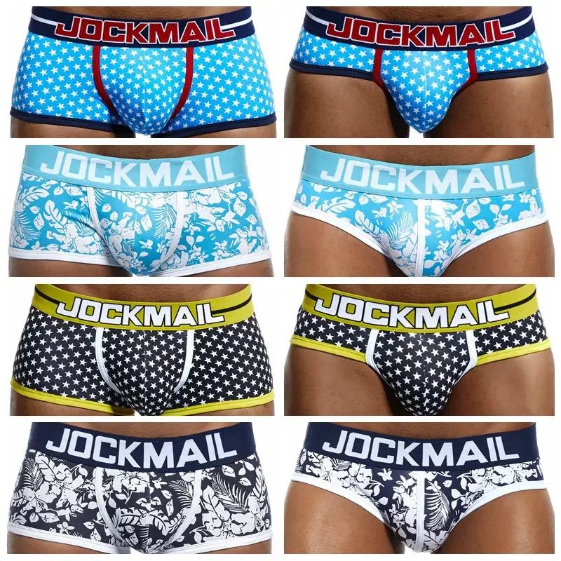 Jockmail algodão masculino roupa interior moda impressão briefs clássico cintura baixa boxer shorts respirável masculino troncos casuais gay