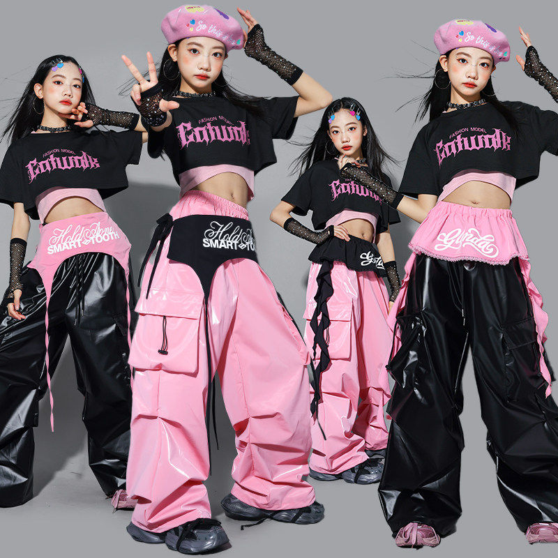 Conjunto de Roupas para Meninas K-pop, Top Cropped Brilhante e Calças Cargo, Moda de Rua para Crianças, Fantasias de Grupo, Roupas de Hip Hop Jazz para Adolescentes