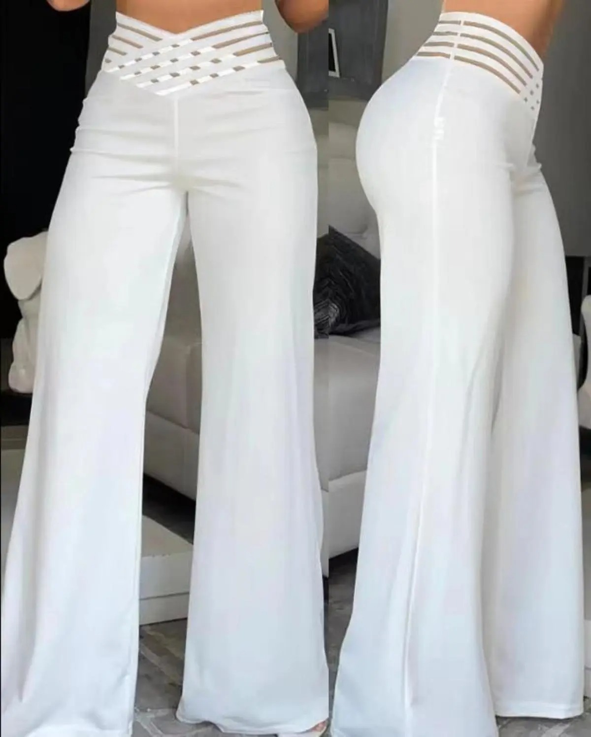 ผู้หญิงขากว้างกางเกงฤดูใบไม้ร่วง Casual Crisscross SHEER ตาข่าย Patch กางเกงเอวสูง Y2k Streetwear Elegant กางเกงทํางาน