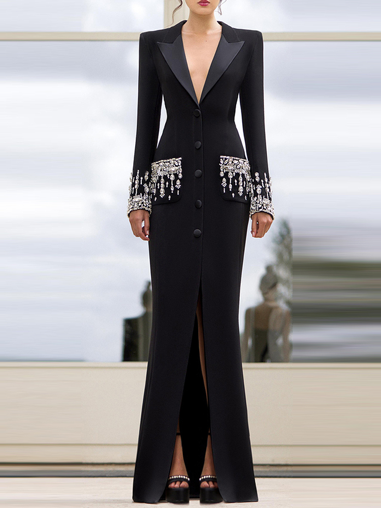 HIGH STREET Nieuwste 2026 Designer Mode Dames Lange Mouwen Getailleerde Kraag Strass Diamanten Pailletten Maxi Lange Jurk