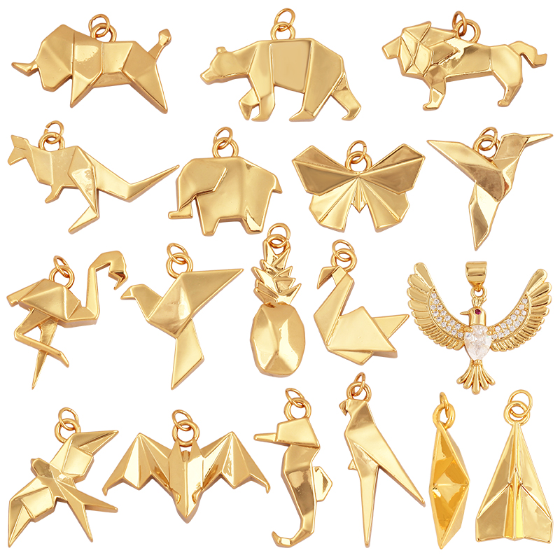 Colgante con dije de animal, elefante, oso, mariposa, flamenco, pliegue de papel único Simple, chapado en oro para suministro de joyería hecha a mano L17