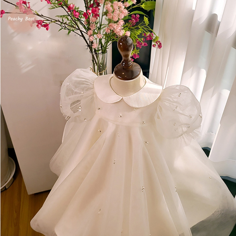 Robe de princesse blanche à manches bouffantes pour bébé fille de 12 mois à 14 ans, tenue de fête d'anniversaire à la mode