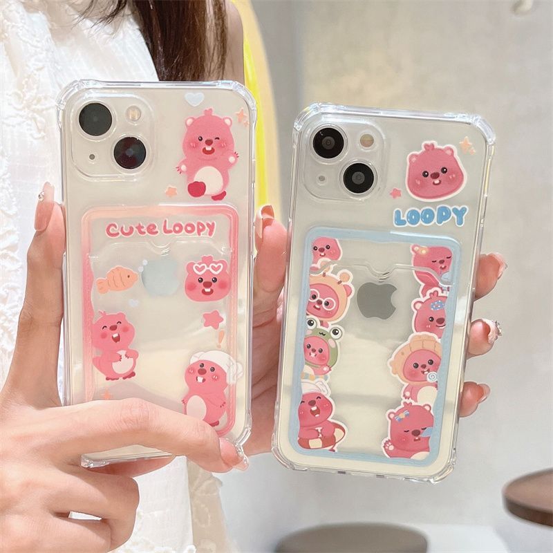 Koreaanse Schattige Cartoon Loopys Kaart Hold Case Voor Iphone 16 15 14 13 12 11 Mini Pro Max Xr Xsmax 7 8 Plus Se20 Anti-Val Cover