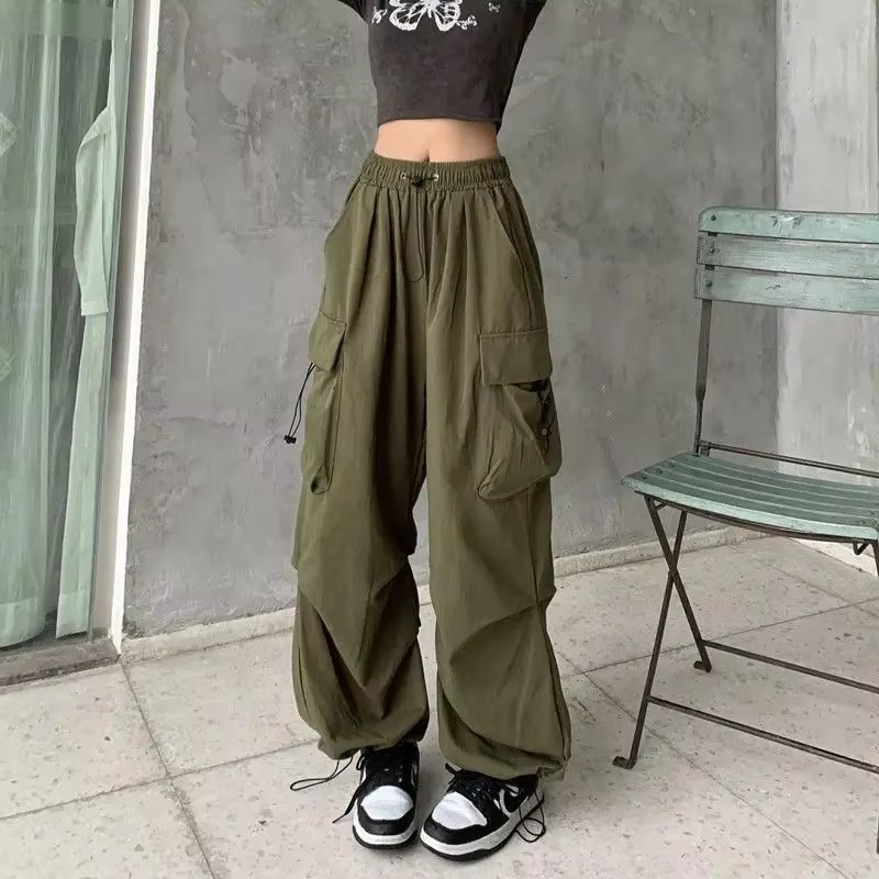 Americano retro workwear calças casuais feminino verão versátil perna reta pendurado sentimento tornozelo amarrado calças soltas calças de perna larga