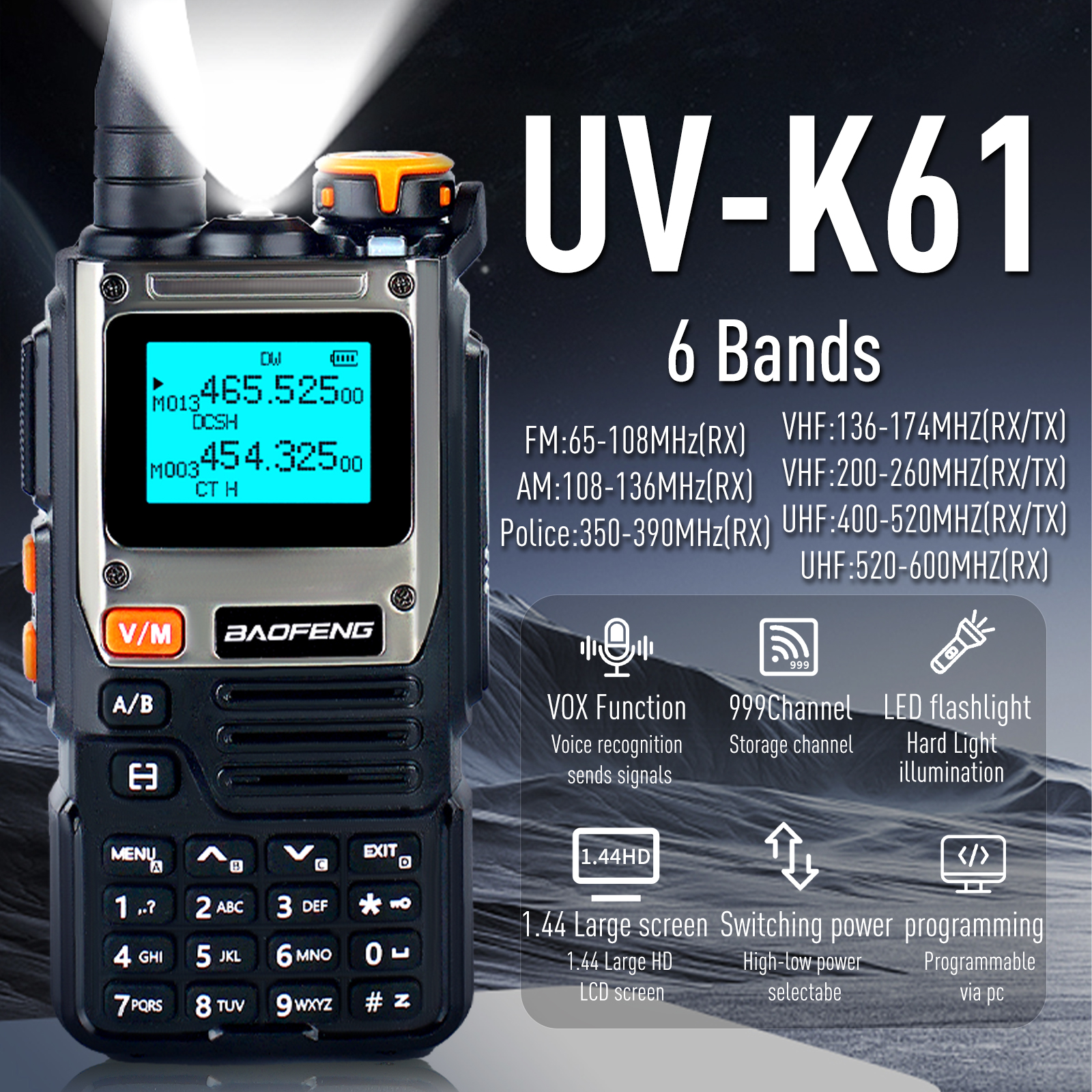 Baofeng UV-K61 rádio presunto banda aérea walkie talkies 999 canais estação de rádio em dois sentidos aviação noaa polícia marinha (atualização UV-k6)