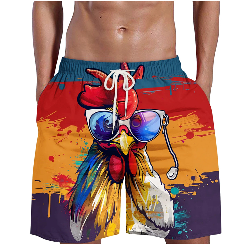 Funny Cool Rooster Print Men's Casual Shorts, Summer Thin Breathable Beach Pants, 3D Graffiti Art Unique Design Loungewear