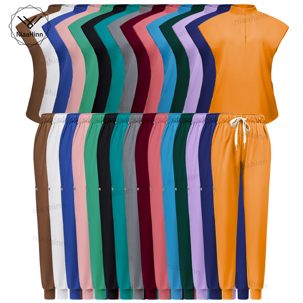 Niaahinn Scrubs Heiße Verkäufe Jogger Peeling Sets Frauen Einfarbig Atmungsaktive Arbeit Kleidung Labor Mantel Uniform Krankenhaus Arzt Arbeit Tragen